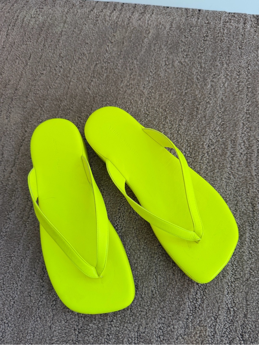 Amina Muaddi Neon Yellow Square-Toe Flip Flop Sandals